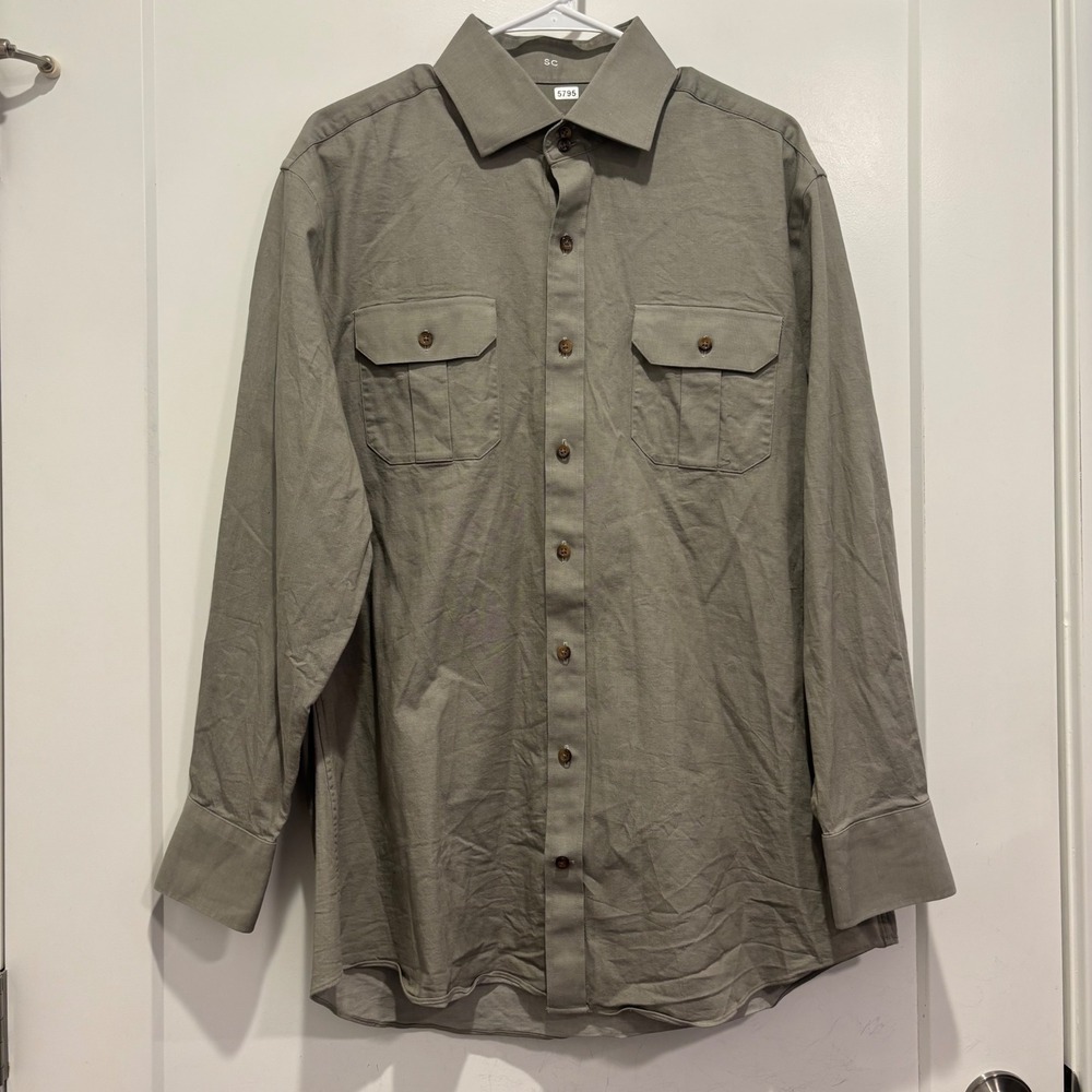 SC Mens Long Sleeve Button Down Utility Shirt Olive Drab Stretch Cotton XL